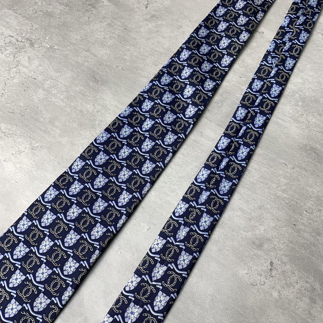 美品 CHANEL シャネル ココマーク 花柄　ネクタイ ネイビー 紺