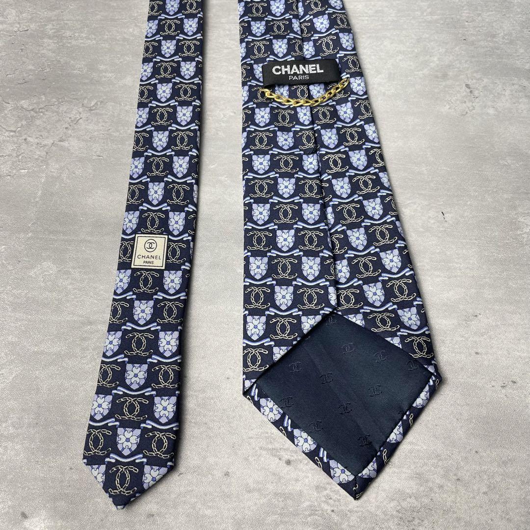 美品 CHANEL シャネル ココマーク 花柄　ネクタイ ネイビー 紺