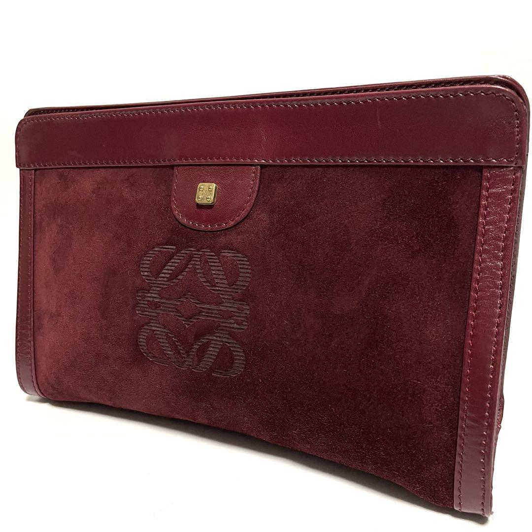 LOEWE アナグラム スウェード×レザー クラッチバッグ バーガンディ 軽量