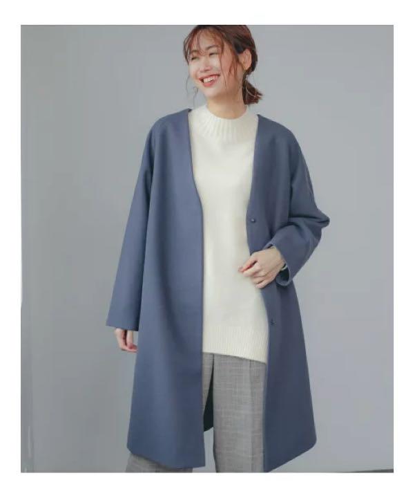 GLOBAL WORK 軽やかストレッチノーカラーコート アッシュブルー M