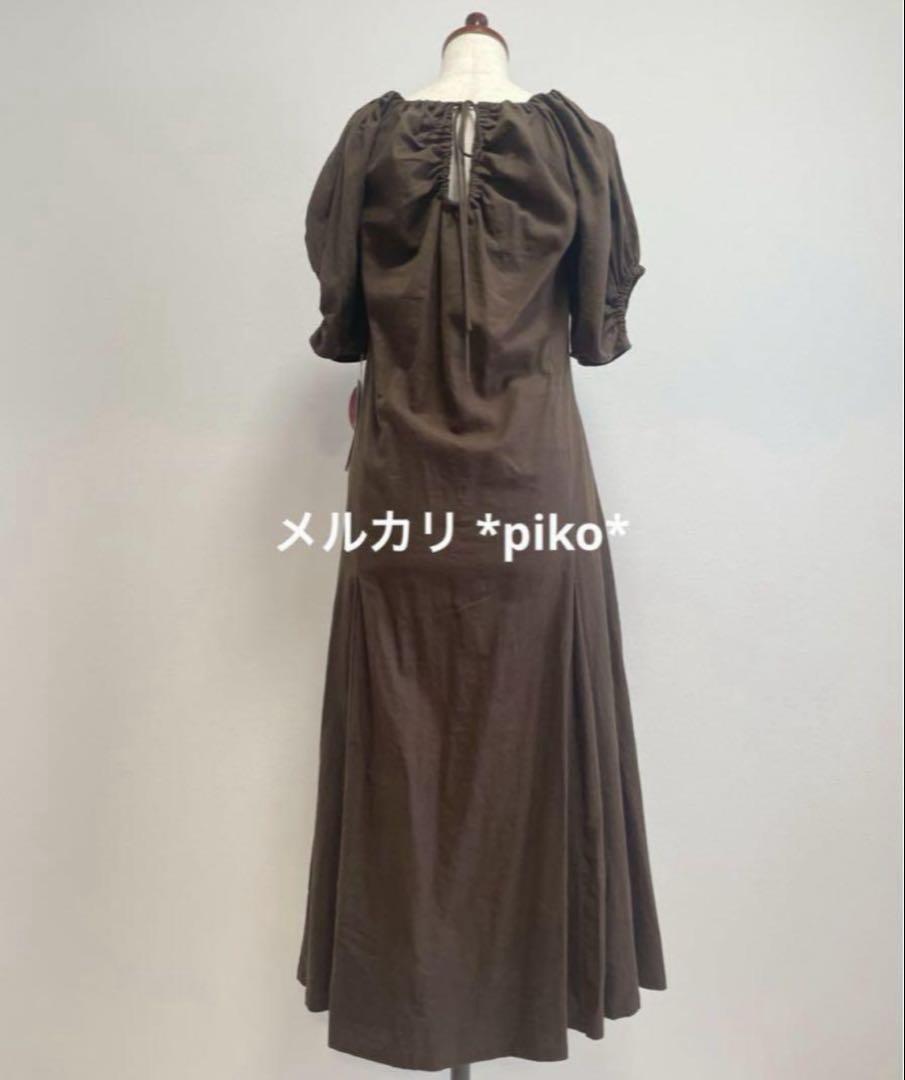 ギャザーリネン混ワンピース ブラウン