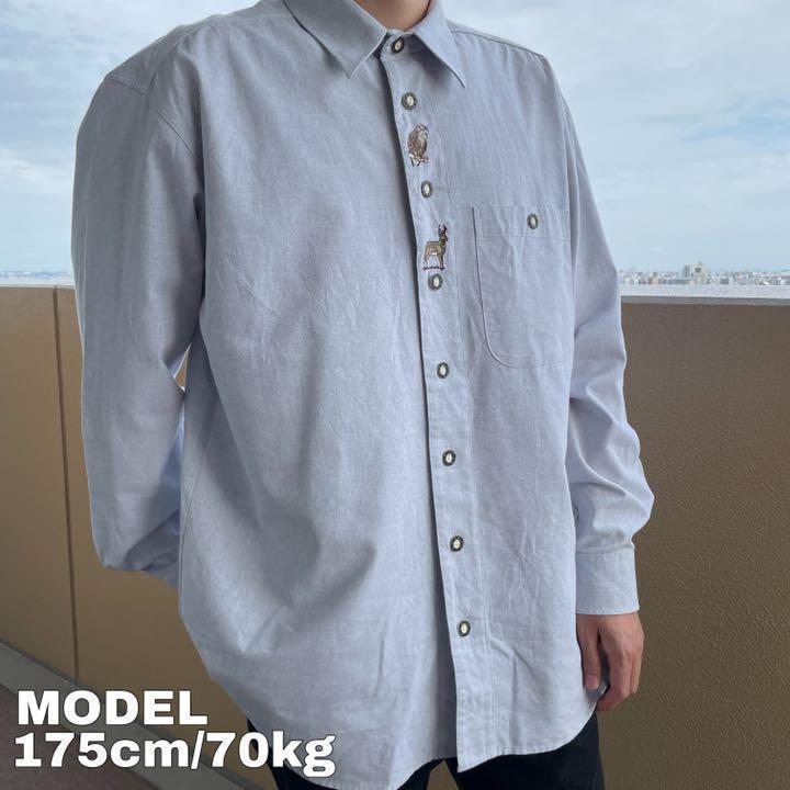 チロリアンシャツ 水色ブルーグレー 刺繍アニマル 鳥鹿 ヨーロッパ古着 XL