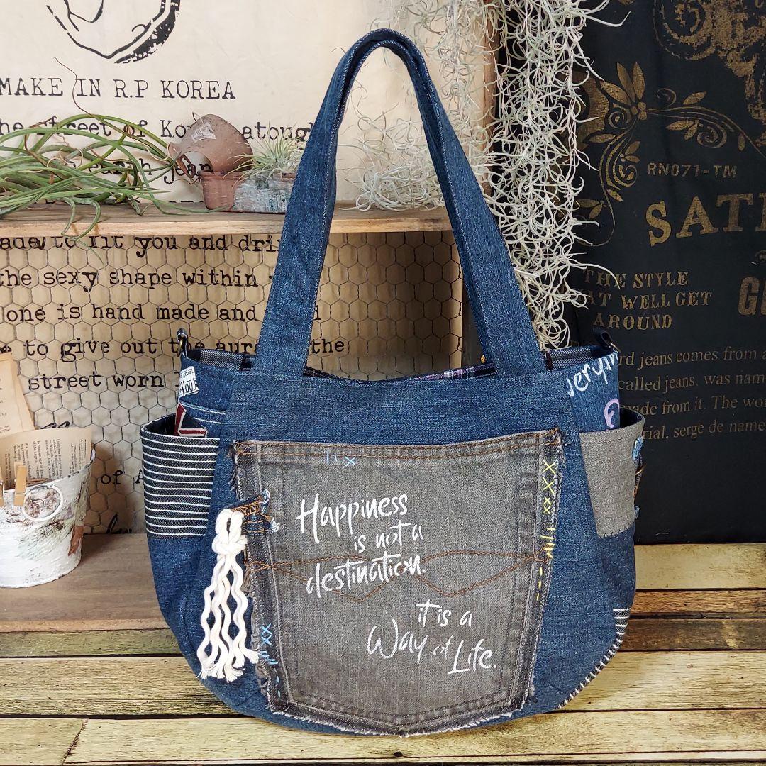 刺繍デニムバック　No.589　デニムリメイク　刺繍バック　丸いバック