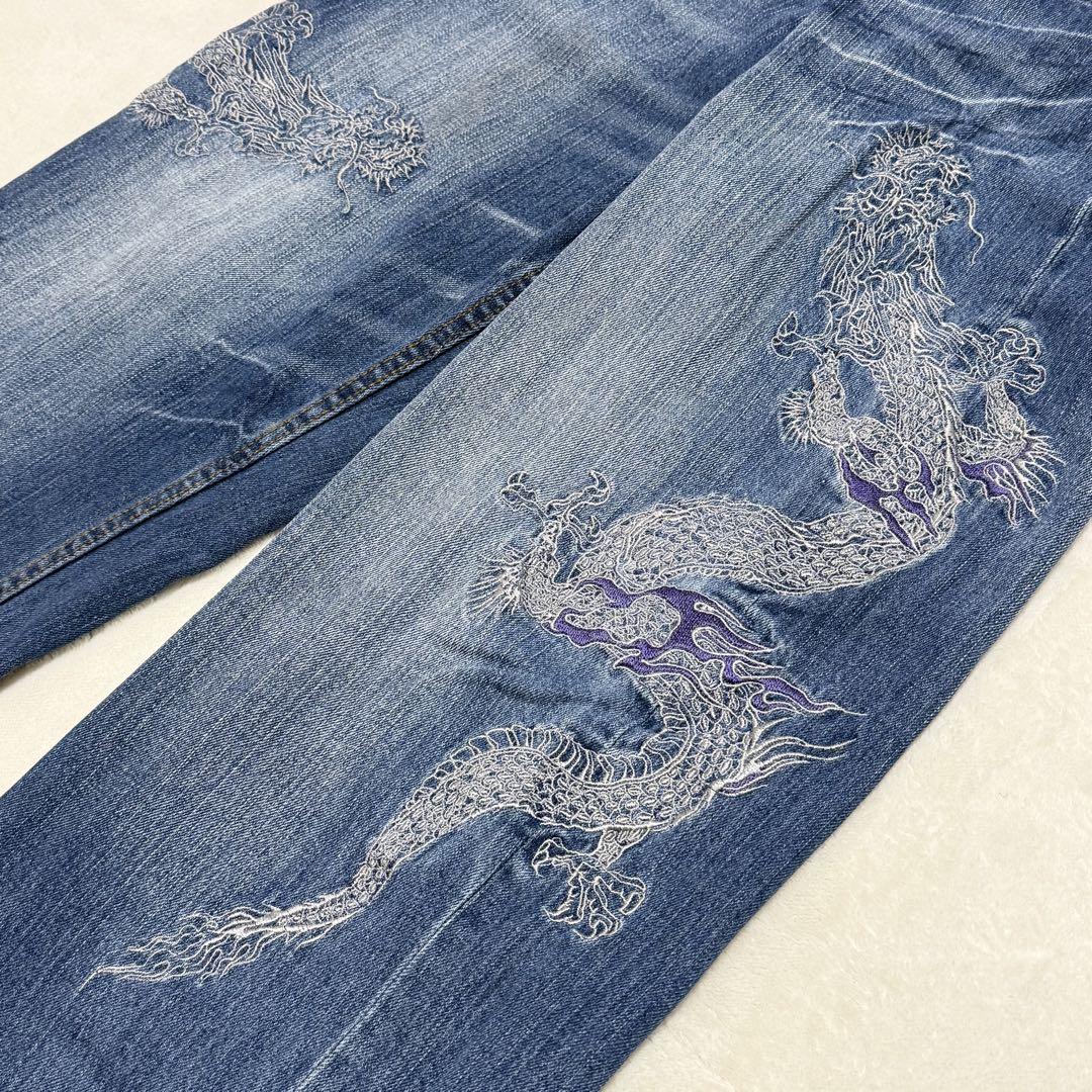 【ビッグサイズ】雅結 4L 和柄デニムパンツ 龍 桜 刺繍 ワイド y2k