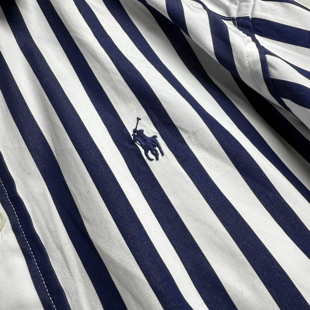 美品 ラルフローレン ストライプ ワンピース ポニー刺繍 ネイビー ホワイト M