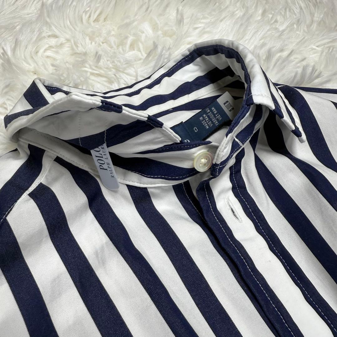 美品 ラルフローレン ストライプ ワンピース ポニー刺繍 ネイビー ホワイト M
