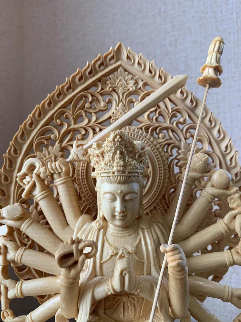 仏像 木彫り 准胝観音菩薩像 檜木 仏具 (約)高28×幅14×