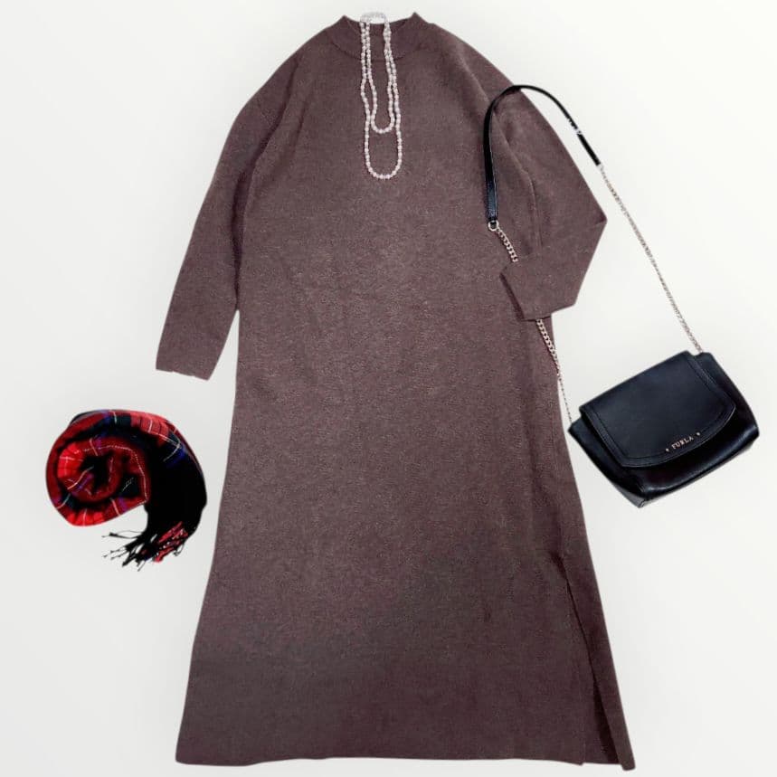 ギャルリーヴィー ロング ニット ワンピース ハイネック ウール 茶 MM・GALERIE VIE