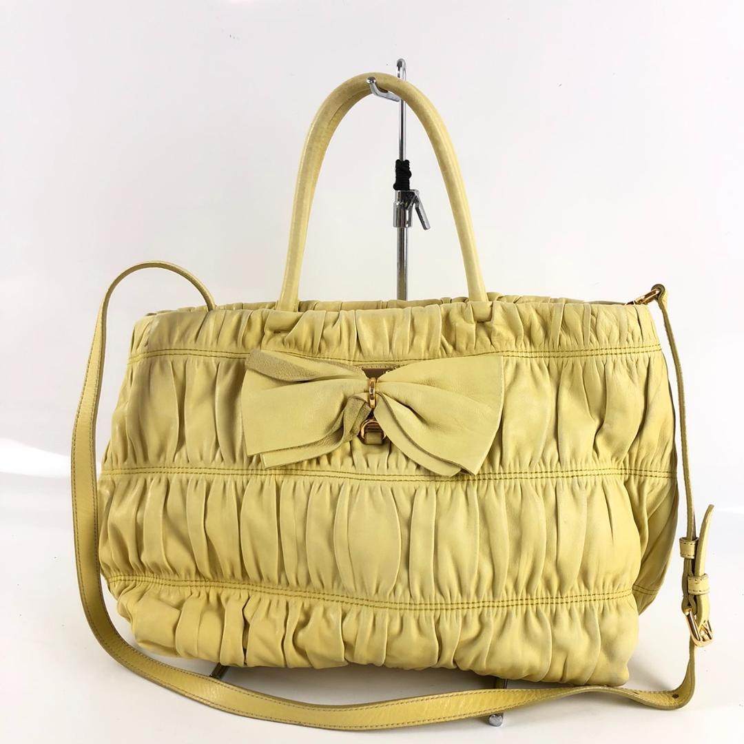 PRADA プラダ 2way ナッパ レザー ハンドバッグ イエロー レディース