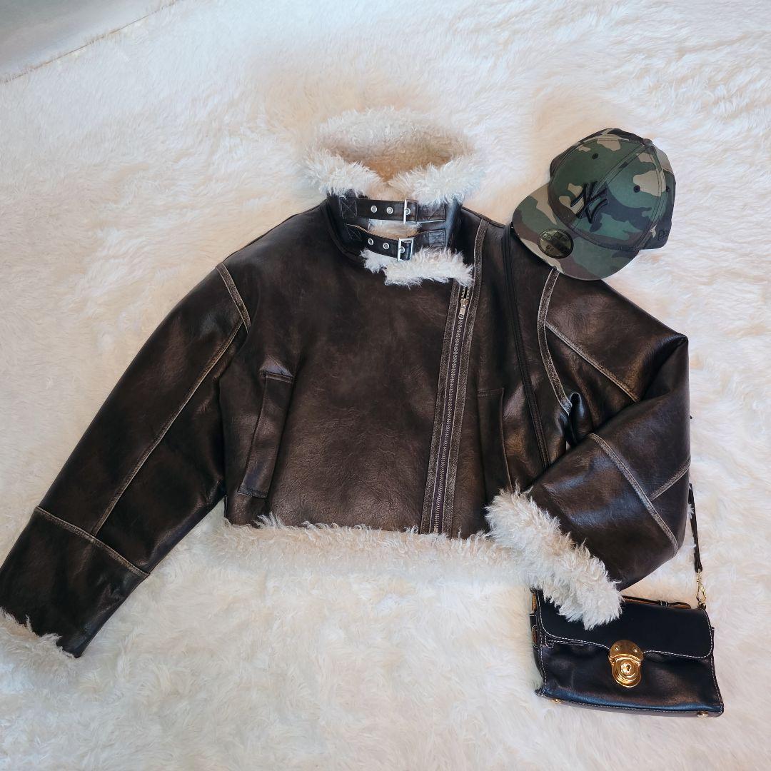 【MURUA】ヴィンテージライク フェイク ムートン ムルーア ブラウン 【MURUA】ヴィンテージライク フェイク ムートン ムルーア ブラウン