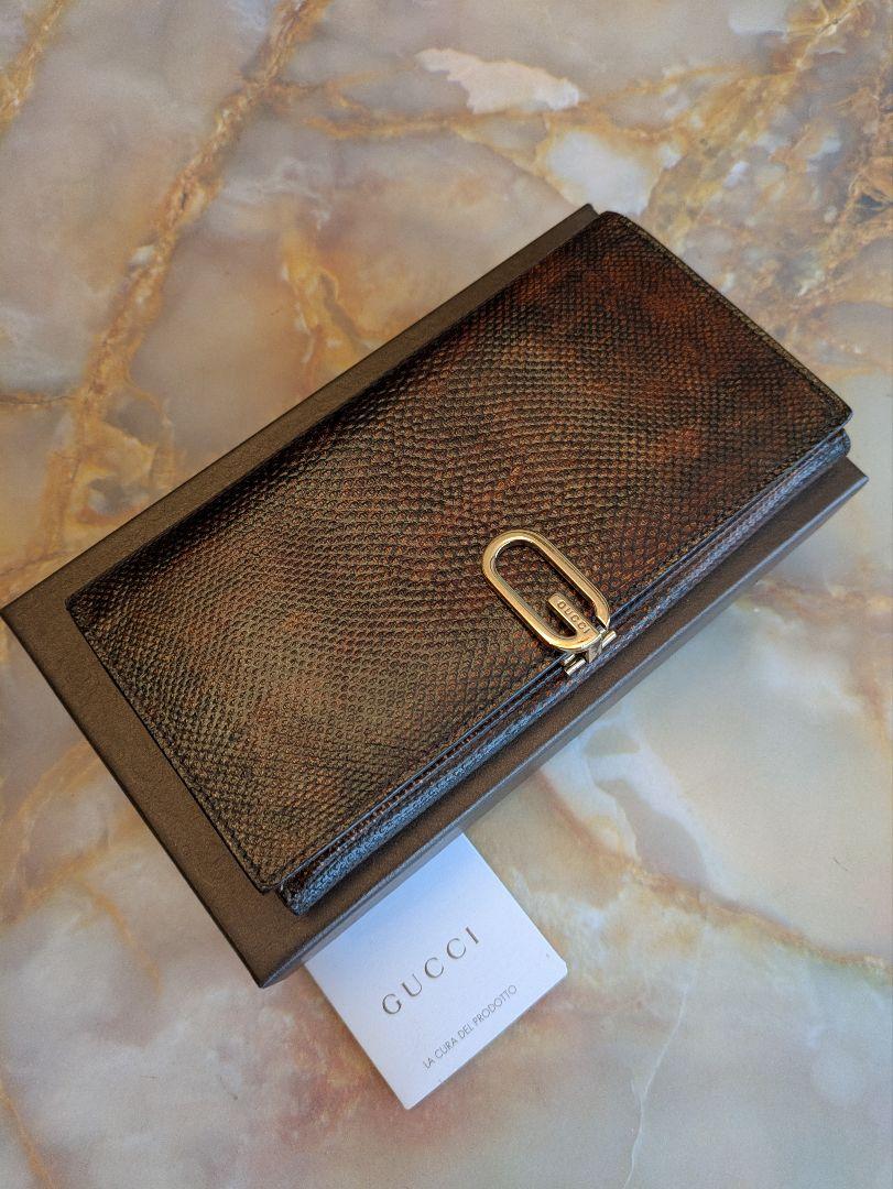 GUCCI 最高級リザード長財布　G金具　ダークブラウン　イタリア製　直営店購入