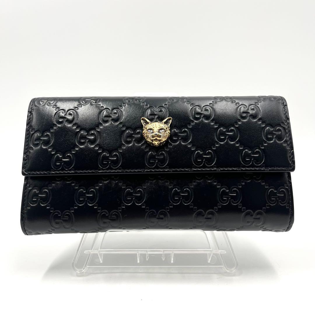 極美品✨グッチ 長財布 リネアキャット 猫 シマレザー ゴールド金具 総柄