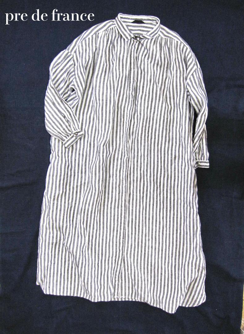 pré de France 麻 ストライプ ロングシャツワンピースワンピース