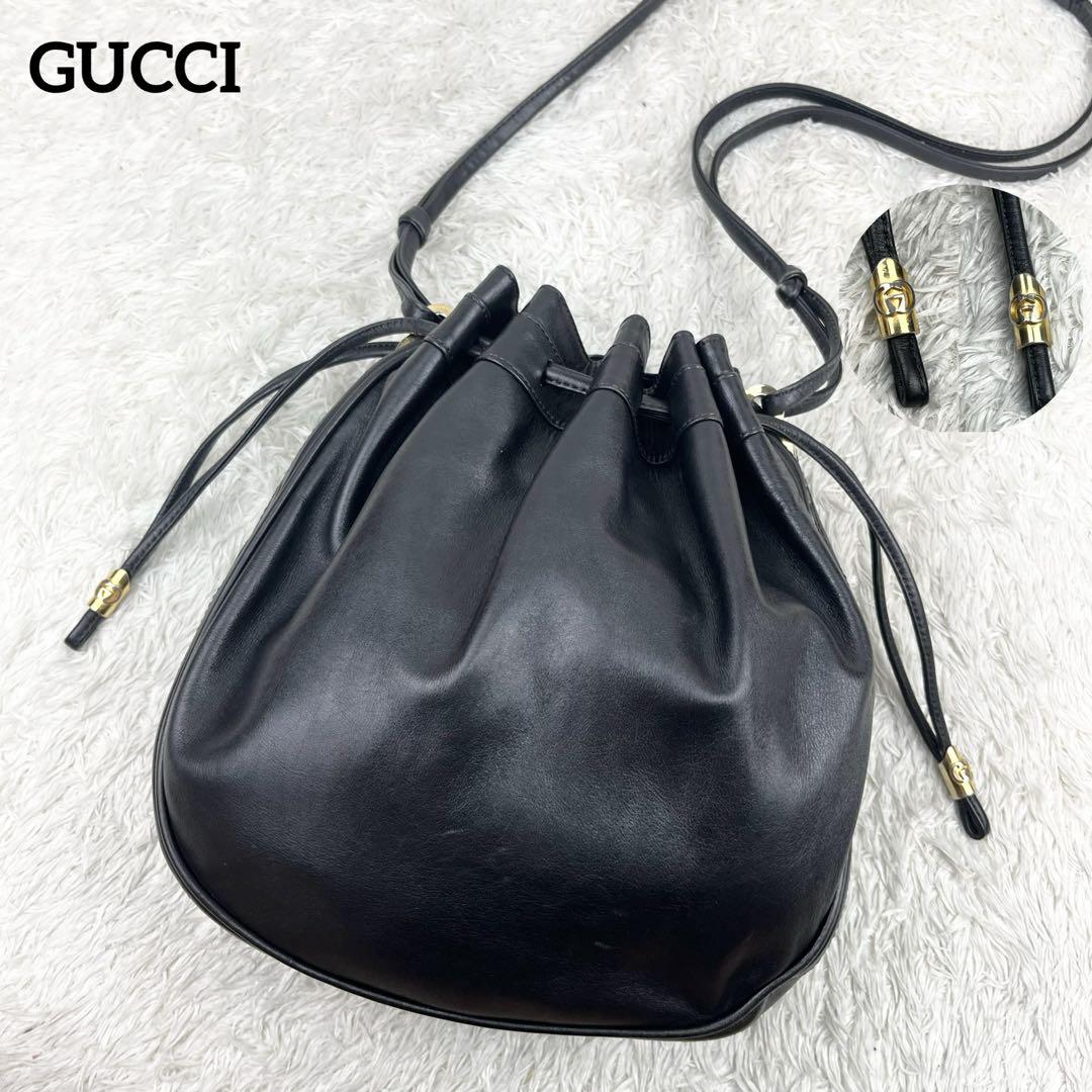 極美品】オールドグッチ オールレザー ロゴ金具 巾着 ショルダー