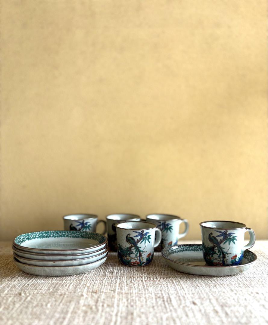 九谷焼 【九谷松月窯】花鳥絵 マグカップ＆銘々皿 5セット 古九谷 骨董 陶器