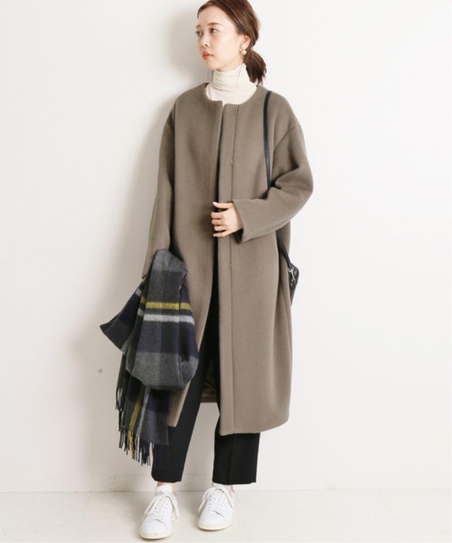 イエナ／美品❤️ラムウールノーカラーロングコート36 モカ