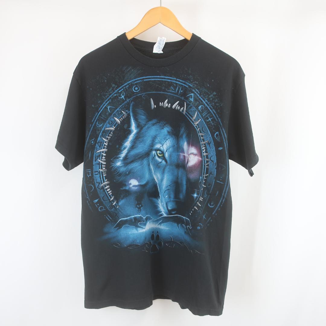 ウルフ 狼 牙 月 プリント フェード アニマル Tシャツ 古着 L メンズ