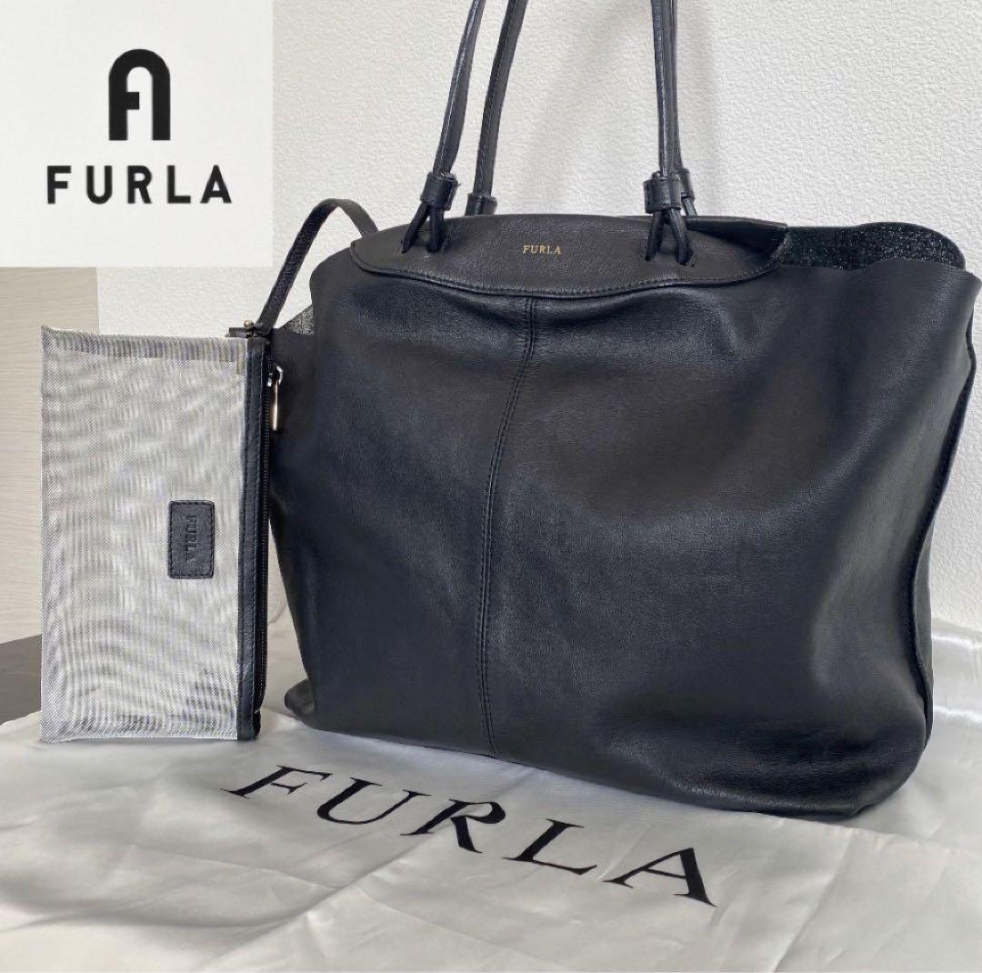 フルラ FURLA オールレザー 黒 ロゴ ハンドバッグ ポーチ シボ 美品