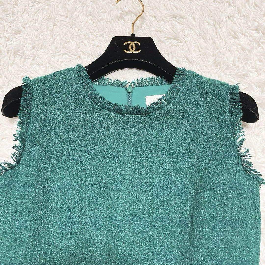 美品 エルケイ シュガー ツイード ノースリーブ ワンピース タイト ロング