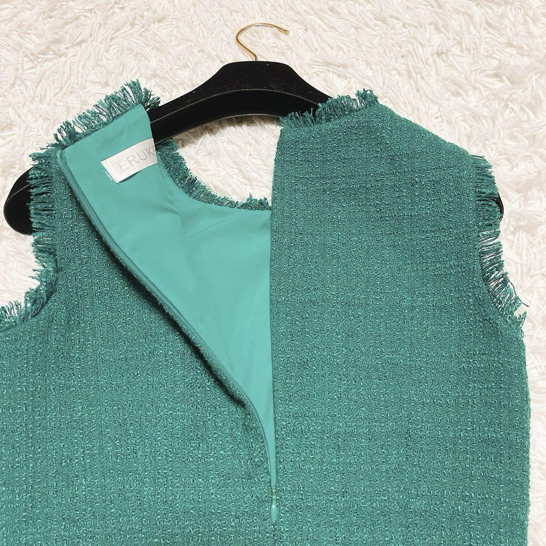美品 エルケイ シュガー ツイード ノースリーブ ワンピース タイト ロング