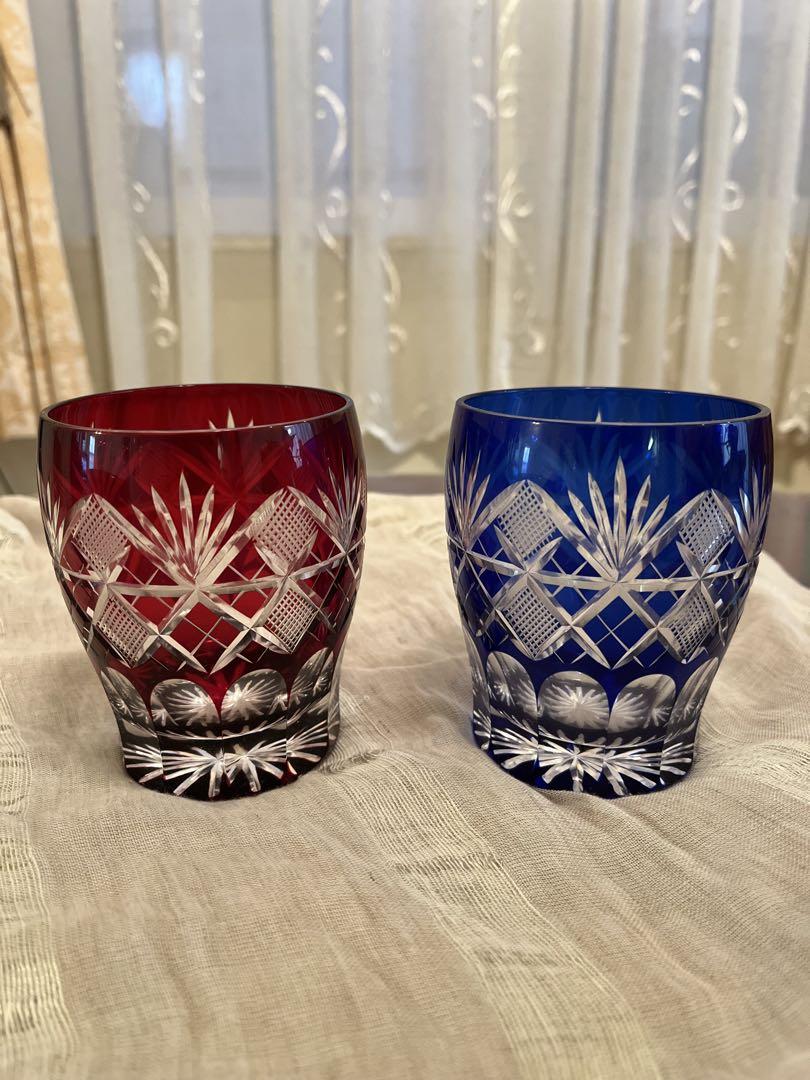 新品同様！江戸切子 大友精三作　樽型ペアロックグラス 赤　青