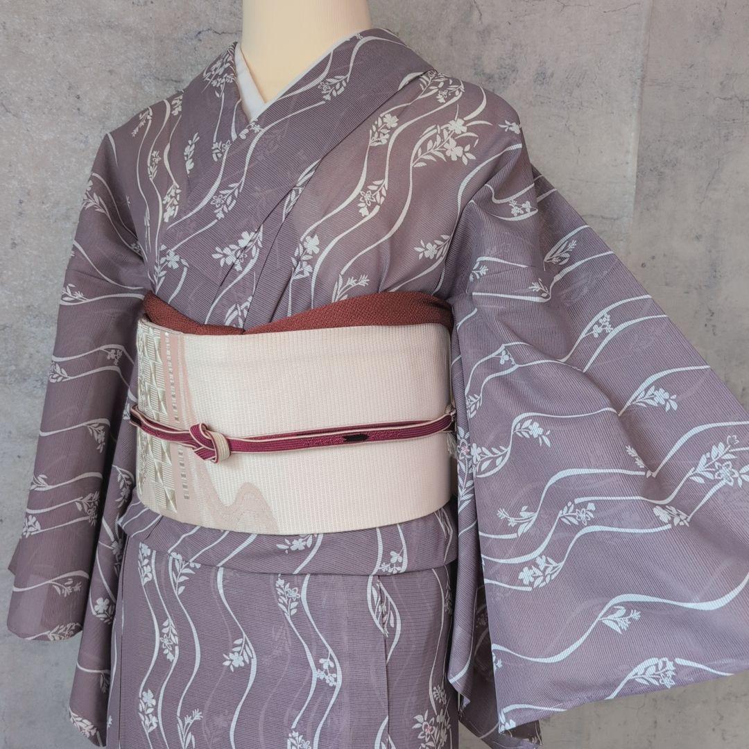 通販 夏着物 洗える 絽紗 小紋 フルセット 単衣 くすみ紫 花 O5 着物・浴衣