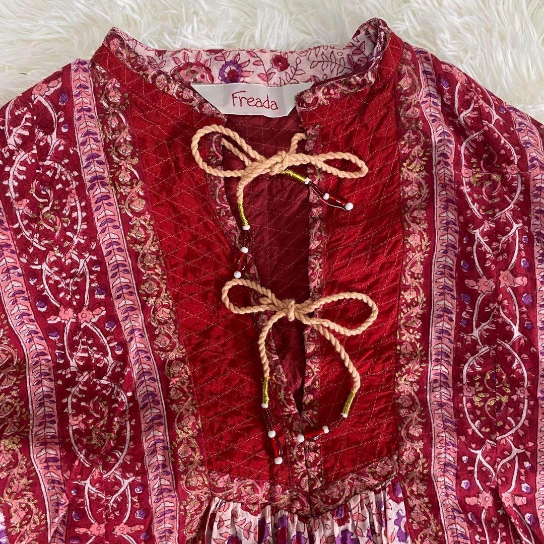安い割引 ロング 21SS フリーダ 美品 ワンピース フリンジ インド綿 花柄 ワンピース