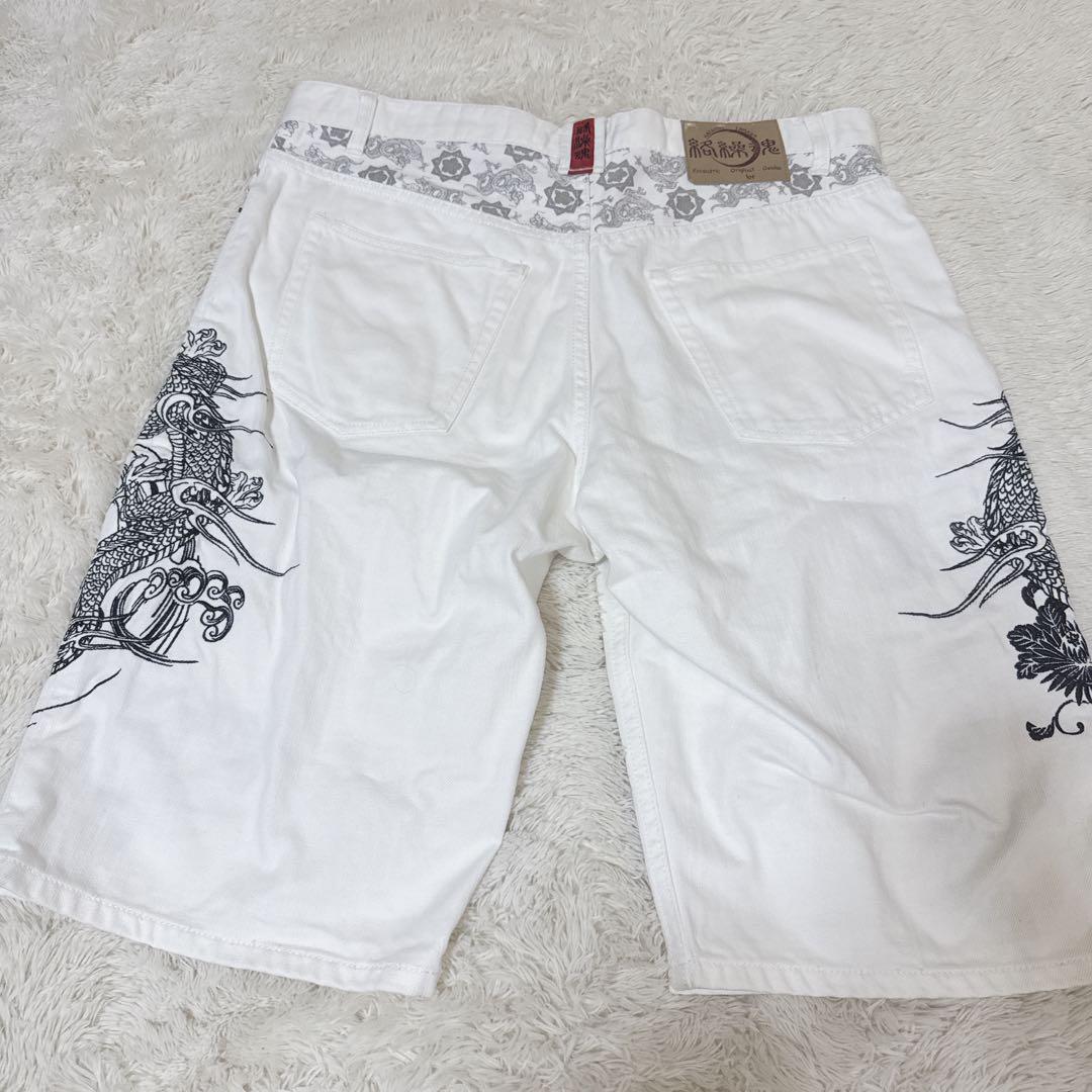 絡繰魂 カラクリタマシイ 昇龍 刺繍 和柄 デニム ハーフパンツ