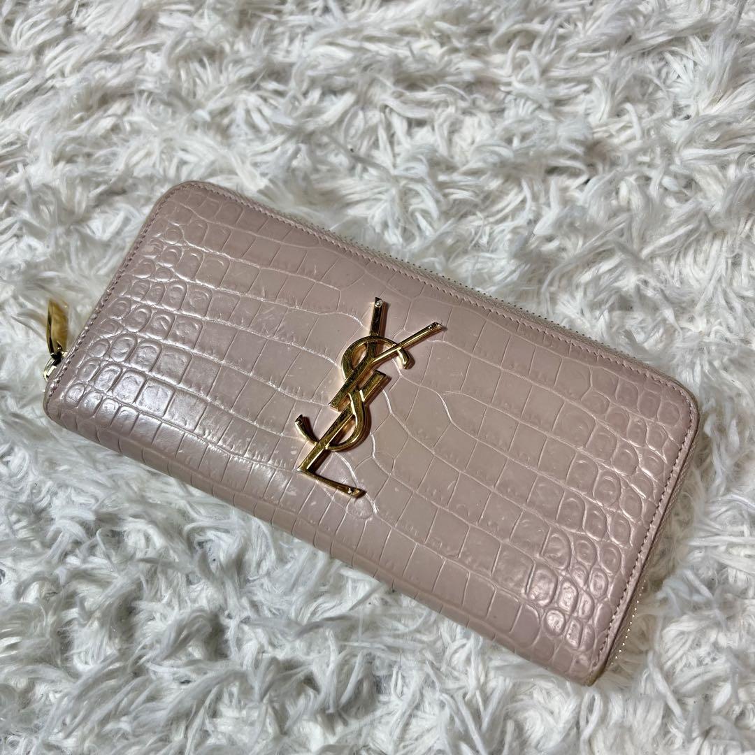 サンローランパリ　YSL カサンドラ　長財布　クロコ型押し　ラウンドファスナー