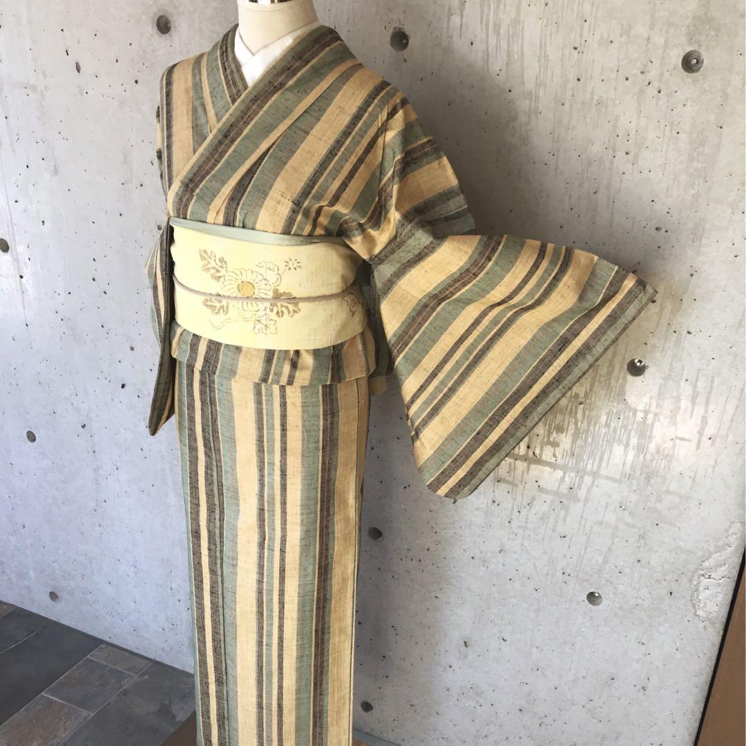 【送料込】 単衣】紬お着物 縞柄 着物・浴衣 正絹 裄69 着物・浴衣