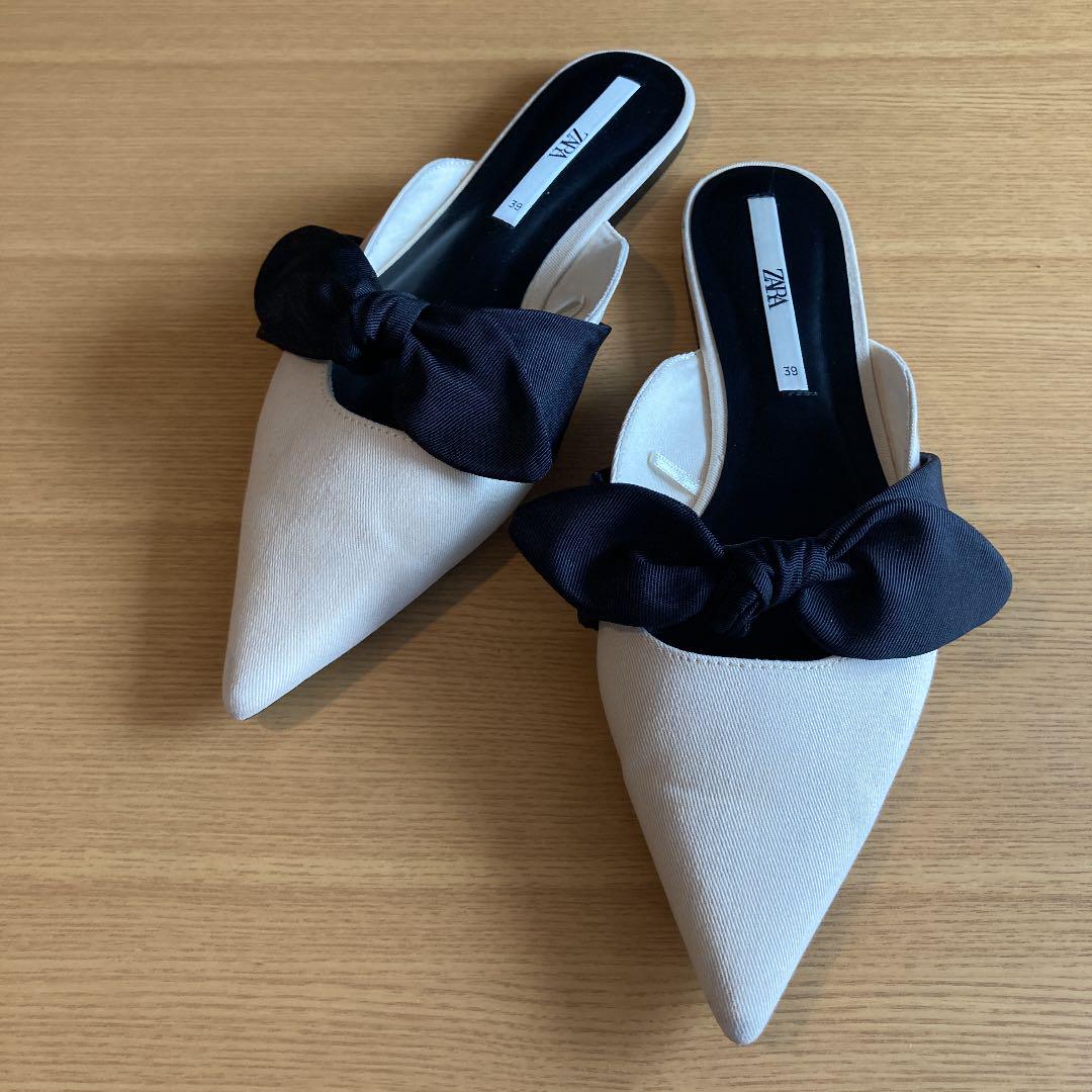 ZARA リボン フラット ミュール サンダル