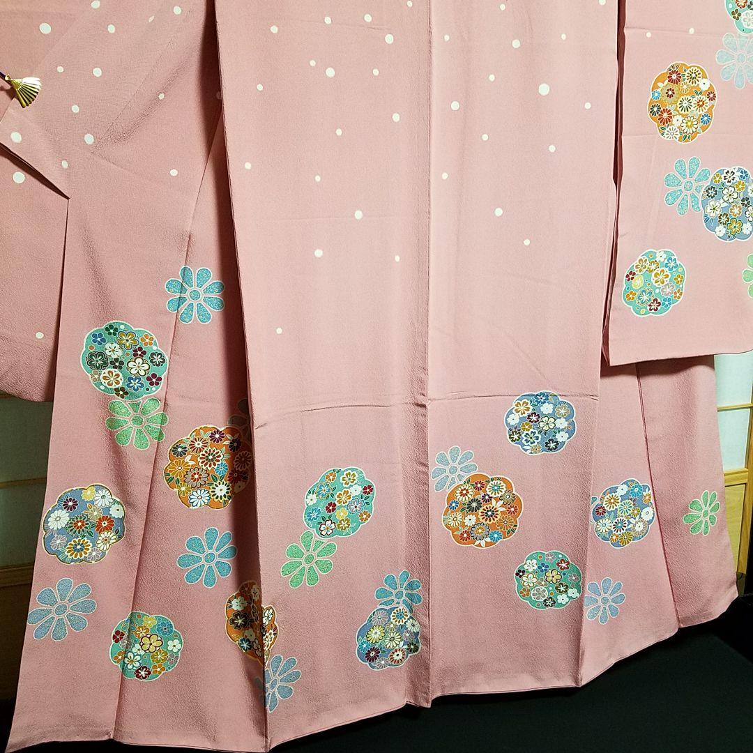 A89【着物と帯 京月花】身長157㎝~167㎝□PINK水玉金駒振袖/袷広衿
