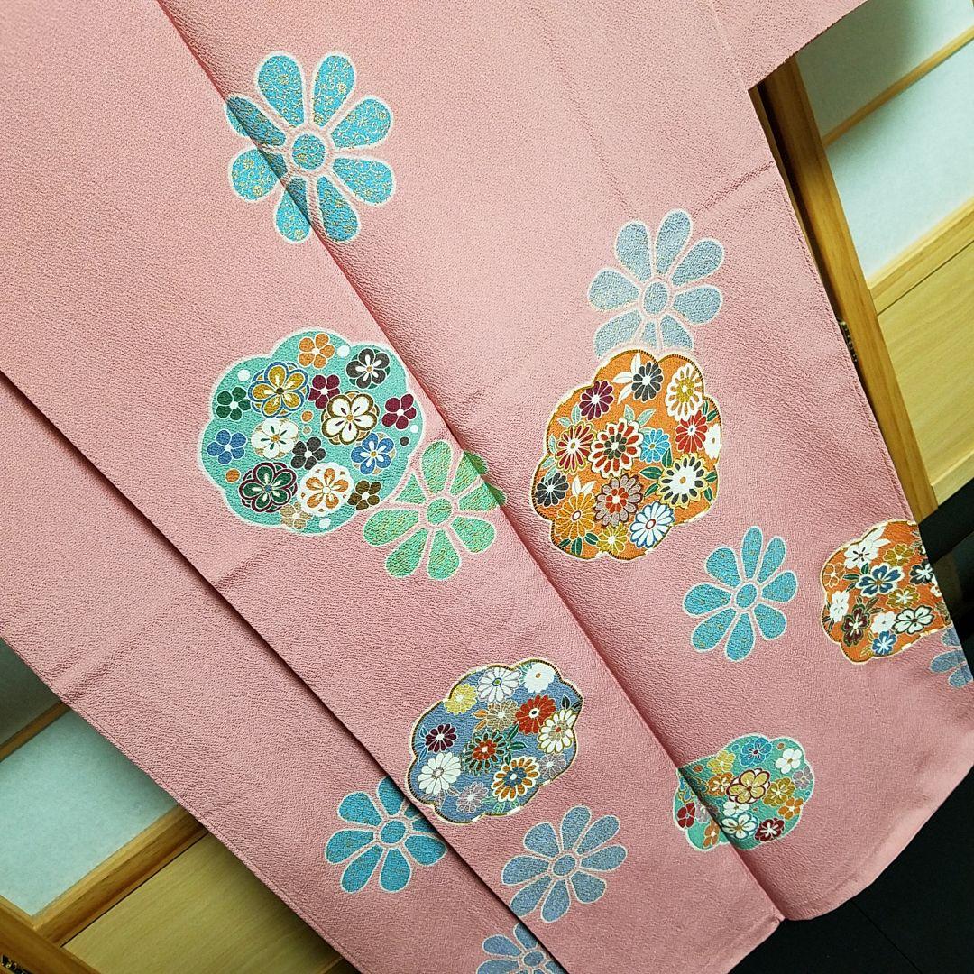 A89【着物と帯 京月花】身長157㎝~167㎝□PINK水玉金駒振袖/袷広衿