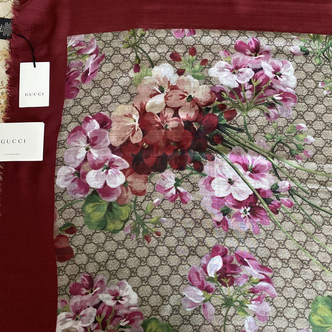 GUCCI 花柄 シルクスカーフ バーガンディ