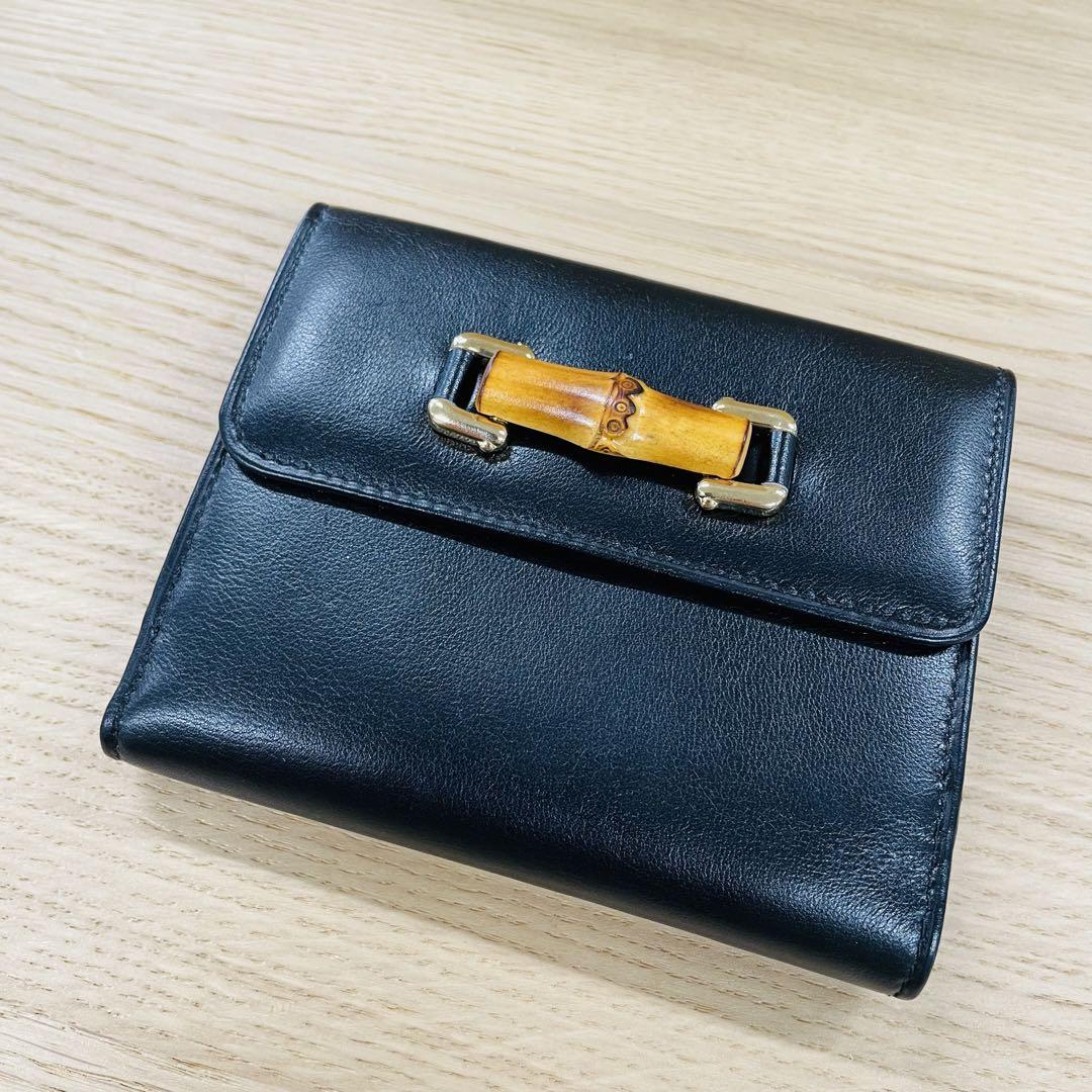 【在庫有】 二つ折り財布 グッチ GUCCI GG ブラック キャンバス バンブー黒 小物