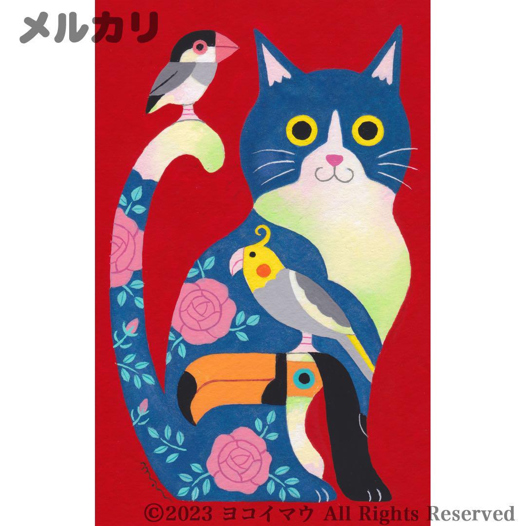原画「ハチワレ猫と小鳥のアート レッド」猫/文鳥/インコ