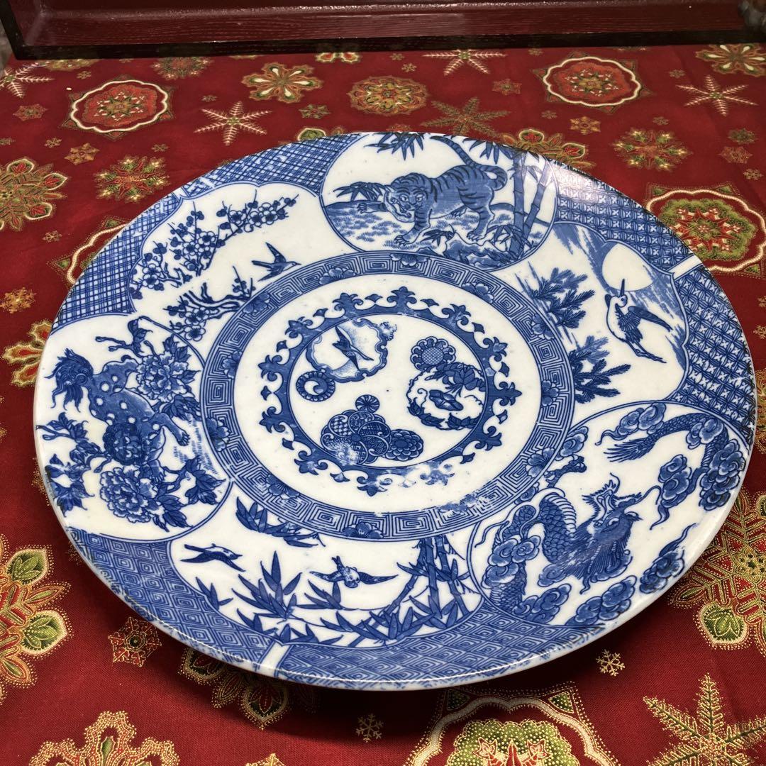 古伊万里染付松竹梅龍虎獅子印判花鳥窓絵大皿29cm