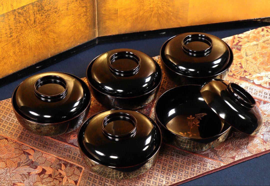 CBK06 時代漆器輪島塗 黒塗本金秋草蒔絵椀五客 高盛漆芸茶懐石 吸物·煮物椀