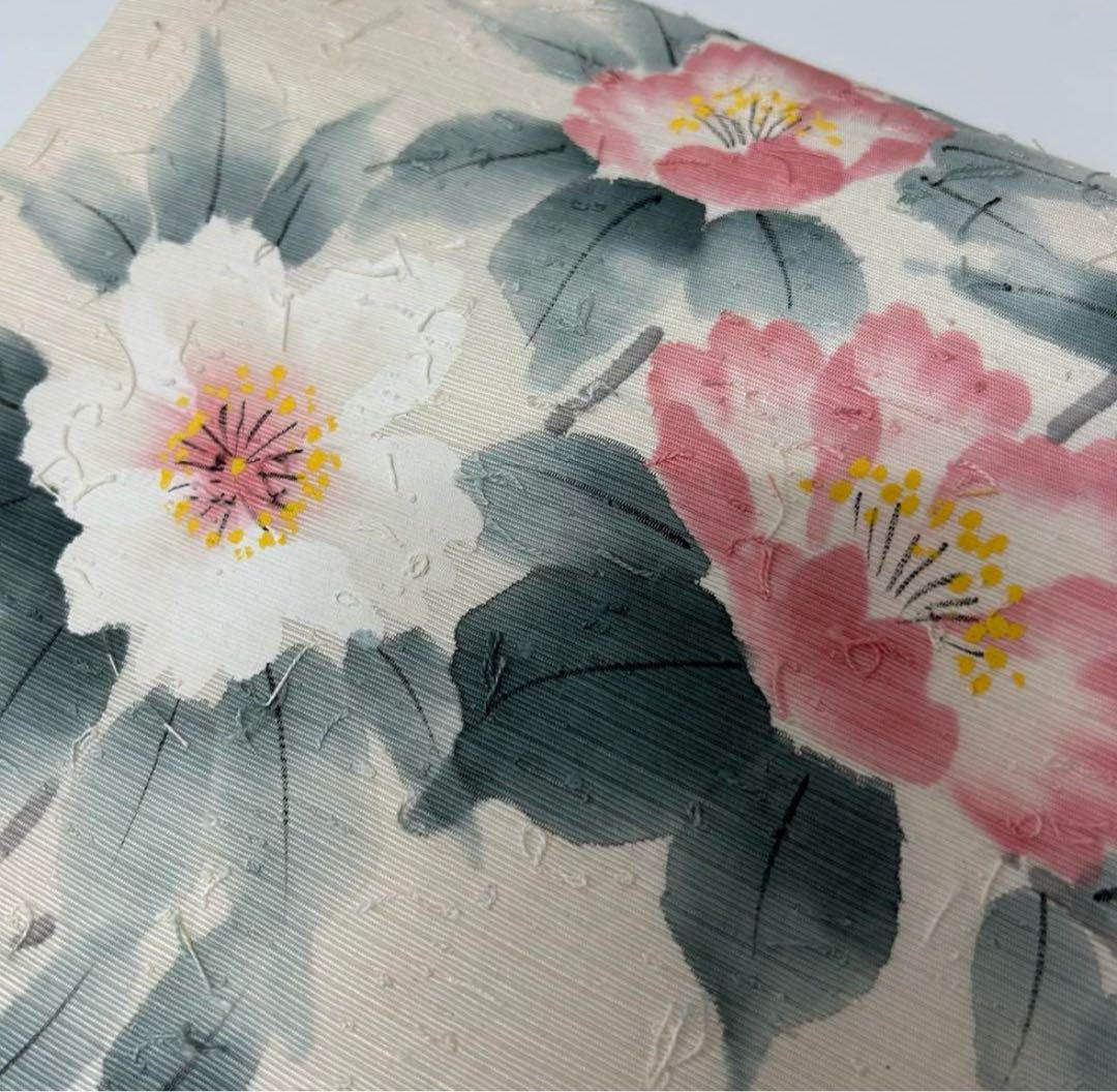 名古屋帯 作家物 髭紬 上品な花柄 素敵なデザイン 九寸 正絹 AO