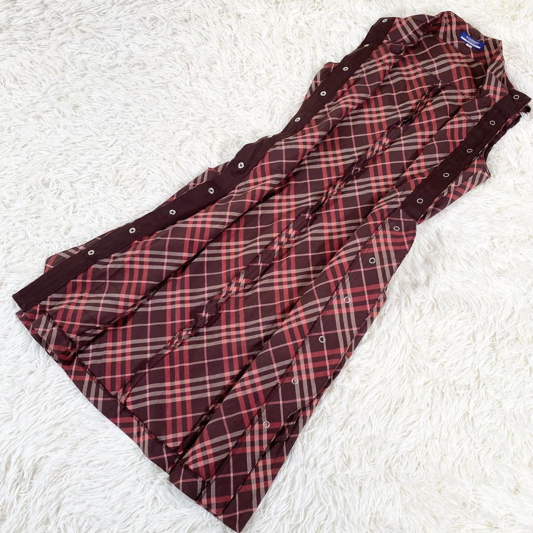 【送料込】 BURBERRY BLUE 赤38 ノバチェックノースリーブM LABEL ワンピース