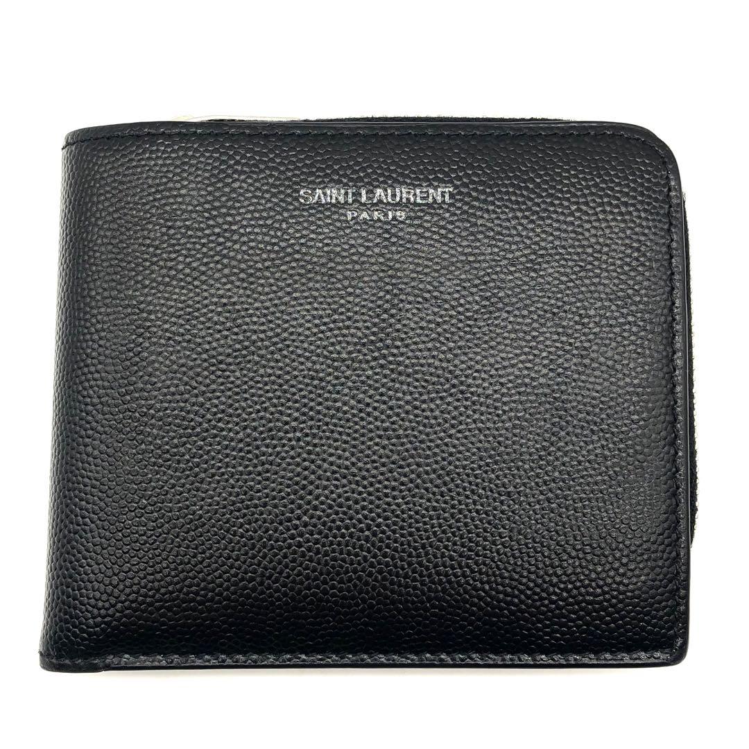 【美品/付属品付】サンローラン 二つ折り財布 キャビアスキン ブラック