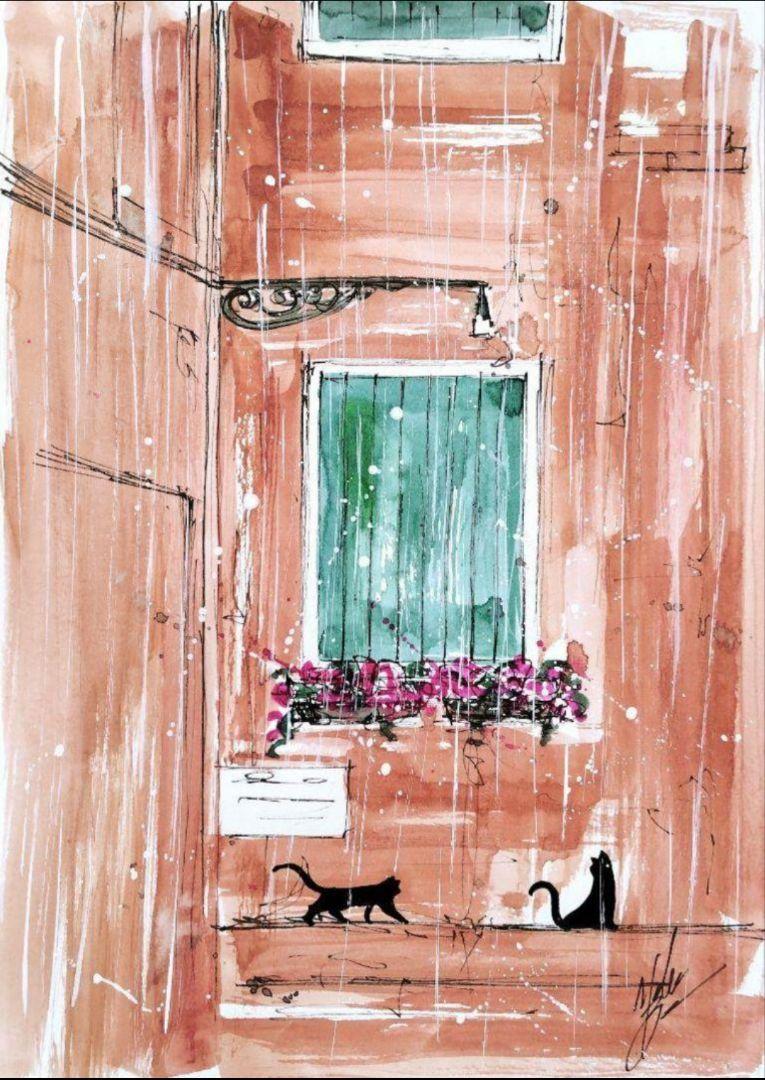 原画#3771 黒猫 雨 ベネチア イタリア 水彩画 ドローイング