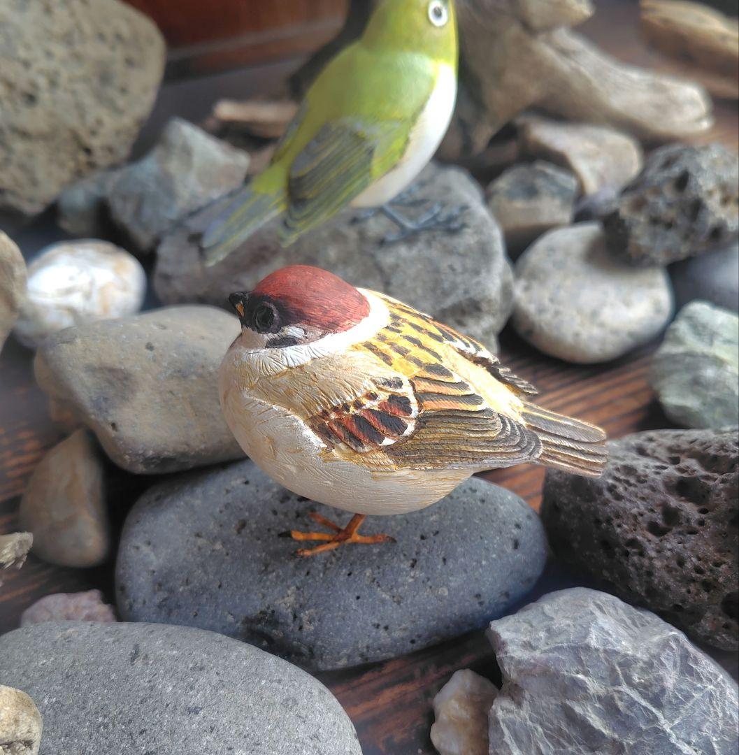 小さなバードカービング ふくらスズメ(福良雀) 野鳥 木彫り
