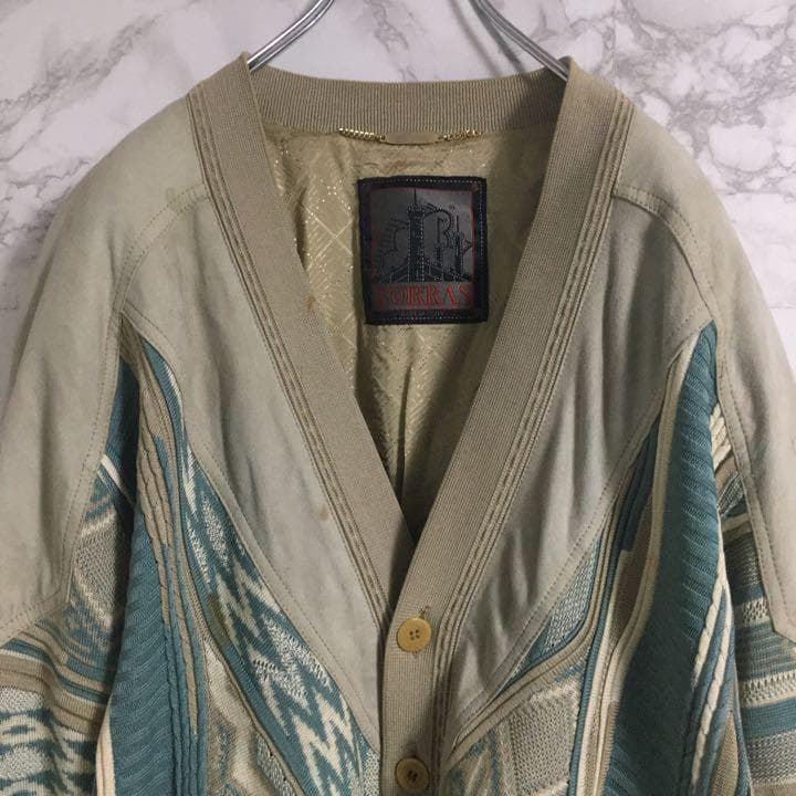 ３Ｄニット　スペイン製　スエード調切替　デザインニット　カーディガン　Ｌ相当☆