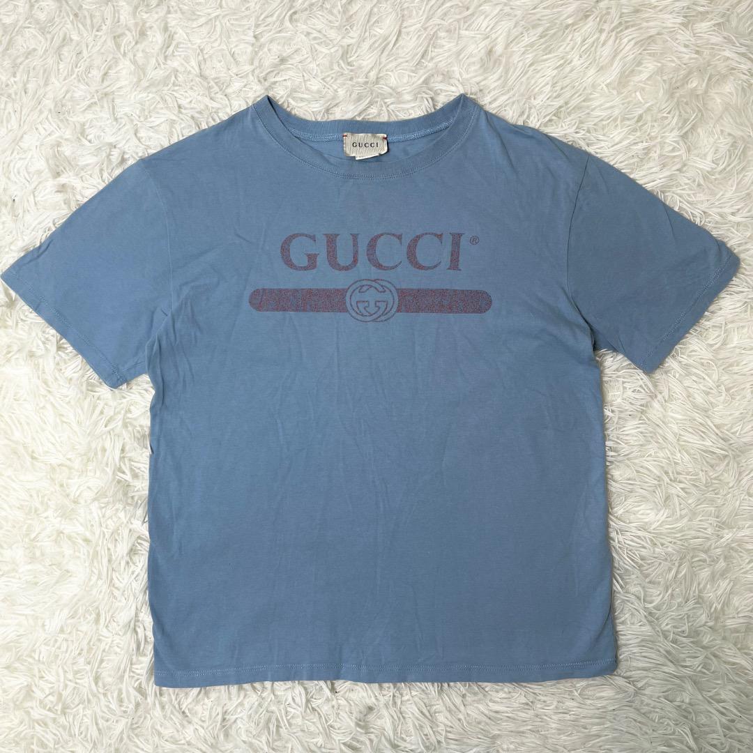 充実の品 Tシャツ GUCCI グッチ 半袖 ブルー 10 140 プリント GGロゴ トップス