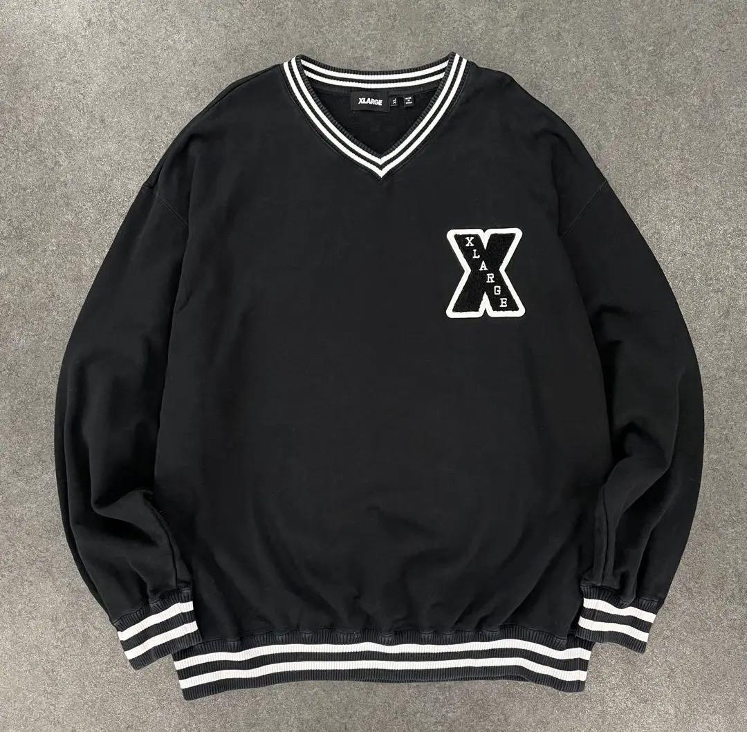 エクストララージ スウェット トレーナー Vネック ロゴワッペン ブラック XL
