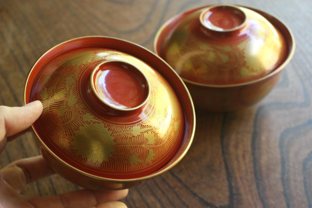 時代逸品！時代刷毛目黄漆に見返し花唐草蒔絵の大ぶり椀2点（検輪島塗京塗懐石椀 時代逸品！時代刷毛目黄漆に見返し花唐草蒔絵の大ぶり椀2点（検