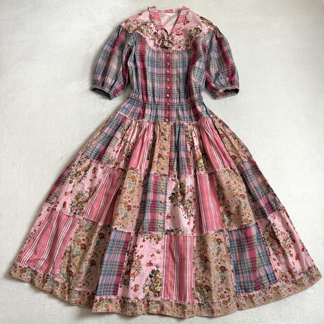極美品 PINK HOUSE ピンクハウス デニムコート ピコフリル ワンピース 極美品】PINK HOUSE ワンピース ピコフリル パッチワーク