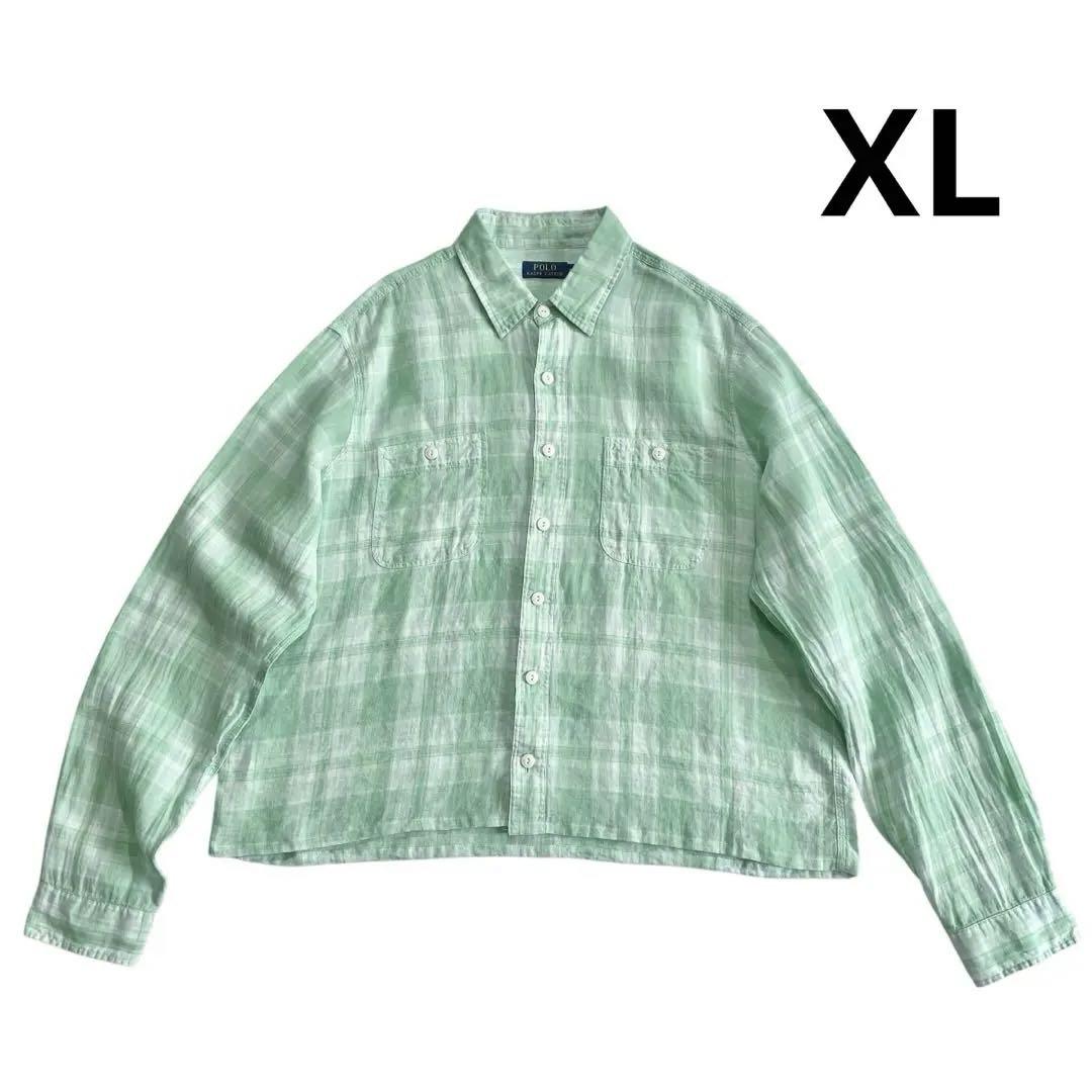 ポロラルフローレン マドラスチェック リネンシャツ XL 黄緑 白 麻 ボックス