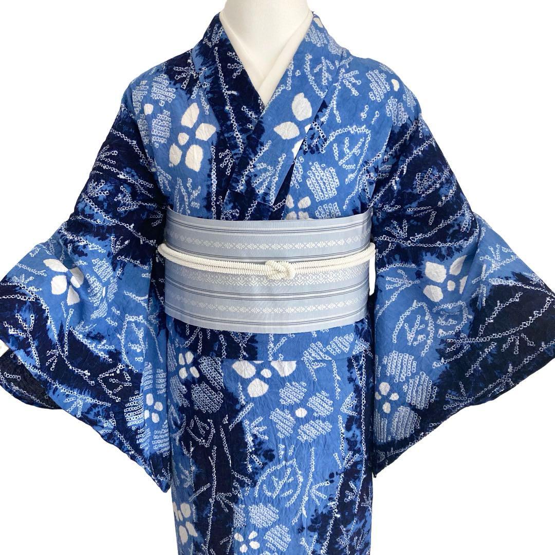 ★ふーみんです★™️82 青藍色　有松絞り　絞り染め　絞り浴衣　総絞り　浴衣